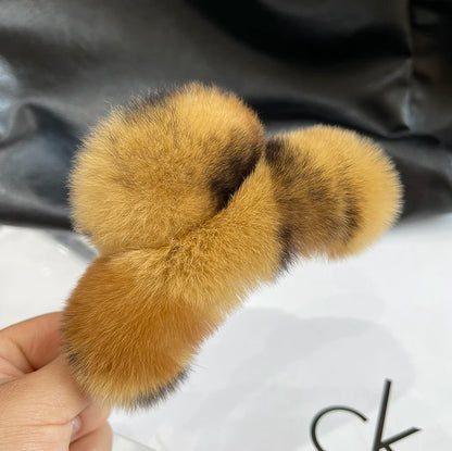 Winter Fuzzy Hair Claw for Women – Warm Fluffy Natural Rex Rabbit Fur Hair Clip, Elegant Fashion Party Accessory