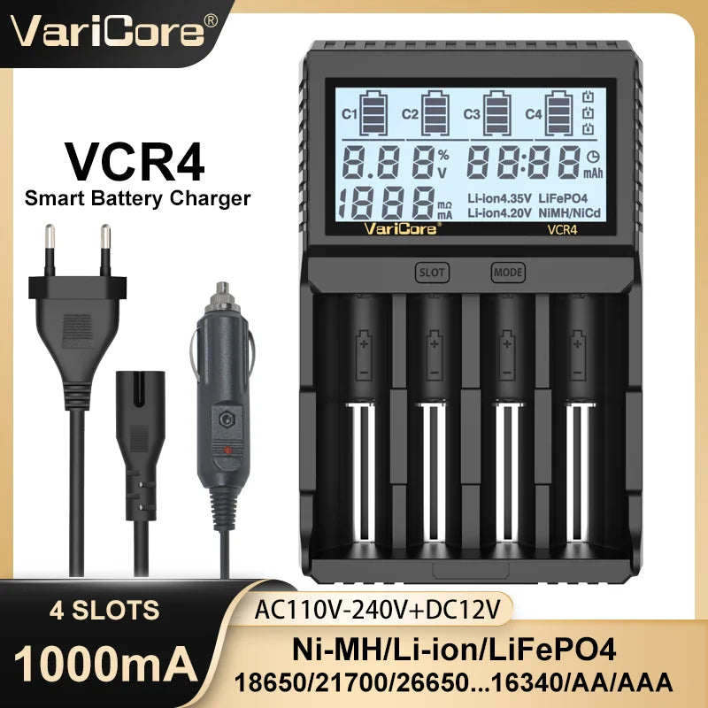 VariCore VCR4/VCP4 LCD Smart Battery Charger – Capacity Tester for 3.7V Li-Ion (18650, 21700, 26650), 3.2V LiFePO4 (32700), and 1.2V Ni-MH (AA/AAA)
