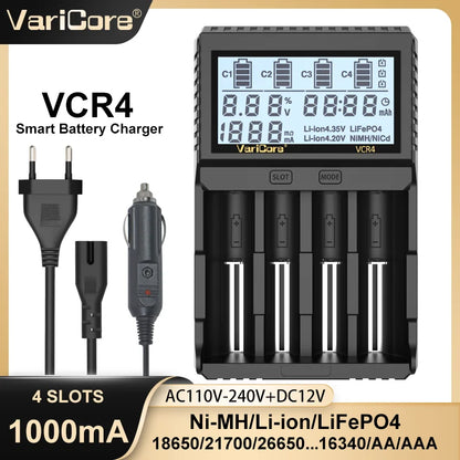 VariCore VCR4/VCP4 LCD Smart Battery Charger – Capacity Tester for 3.7V Li-Ion (18650, 21700, 26650), 3.2V LiFePO4 (32700), and 1.2V Ni-MH (AA/AAA)