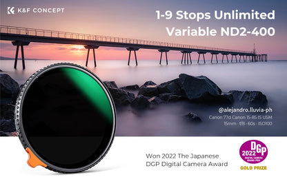 K&F Concept Variable ND Filter ND2–ND400 | HD Adjustable Neutral Density Lens Filter, 49mm–82mm