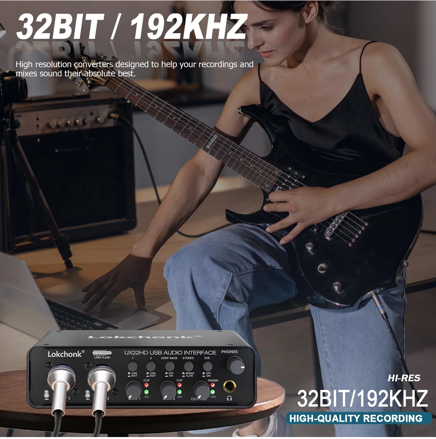 UX22 Audio Interface Sound Card – 32-bit/192KHz AD Converter for Electric Guitar, Live Recording, Studio Singing & Podcast
