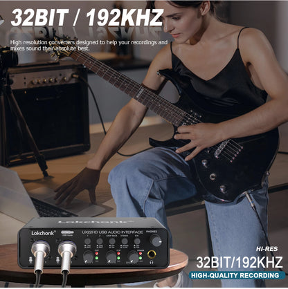 UX22 Audio Interface Sound Card – 32-bit/192KHz AD Converter for Electric Guitar, Live Recording, Studio Singing & Podcast
