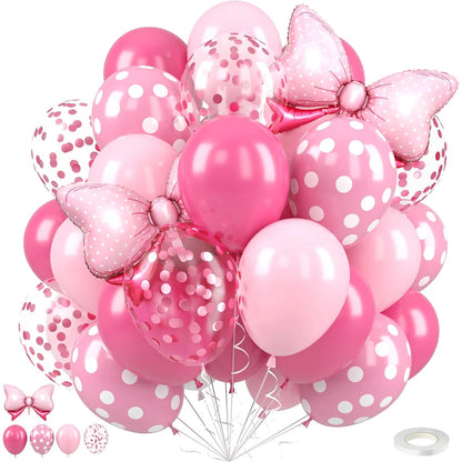 31-Piece Pink Bow Balloon Set - Hot Pink Foil and Rose Dot Confetti Balloons with Ribbon for Girls’ Birthdays and Baby Showers