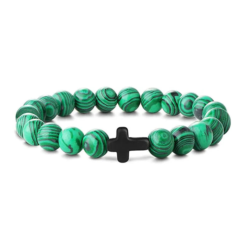 Natural Stone & Wood Bead Rosary Bracelet - Hematite Cross Meditation & Yoga Jewelry for Men & Women