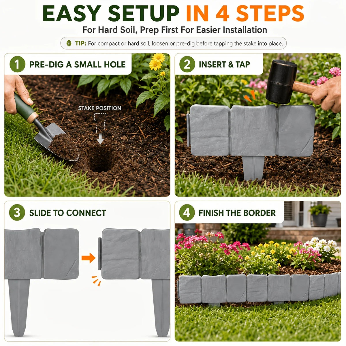 Stone-Look Garden Edging - No-Dig Landscape Border Panels for Flower Beds, Lawns & Pathways