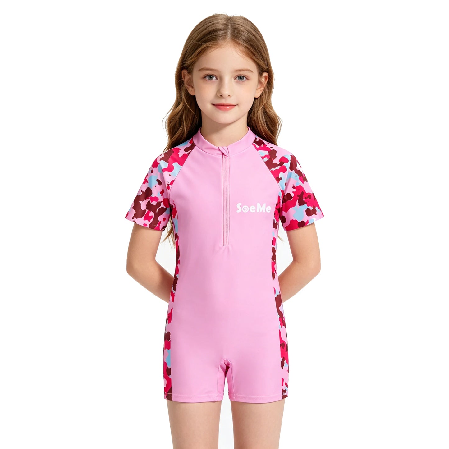 Girls' Pink One-Piece Swimsuit - Cute Short-Sleeve Kids Beach Swimwear for Ages 3–10