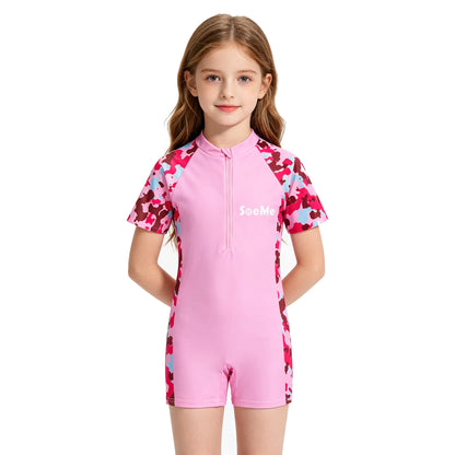Girls' Pink One-Piece Swimsuit - Cute Short-Sleeve Kids Beach Swimwear for Ages 3–10