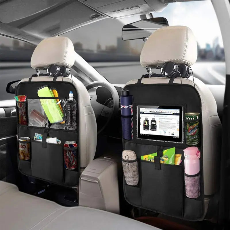 Car Backseat Organizer with Touch Screen Tablet Holder – Auto Storage Pockets and Seat Back Protectors – Car Accessories