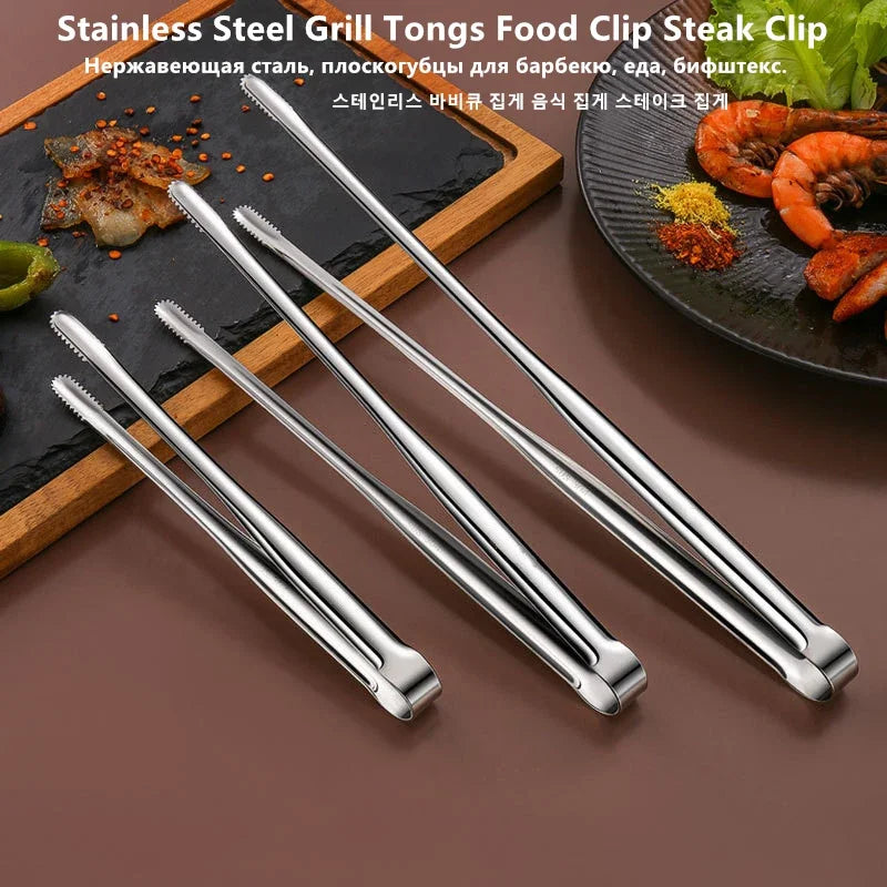 Stainless Steel Grill Tongs – Non-Slip Food Clip, BBQ Steak, Bread Tong, Cooking Utensils, Party Kitchen Gadgets