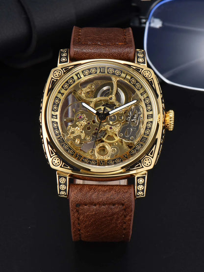 LONGLUX Automatic Mechanical Skeleton Watch – Retro Style Waterproof Leather Men’s Wristwatch, No Logo