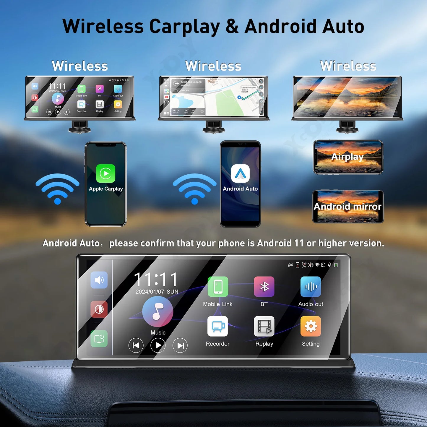 XGODY 11.3" 4K Dash Cam - Wireless CarPlay, Android Auto, GPS, WiFi Navigation, Rearview Camera for Car DVR Dashboard Video