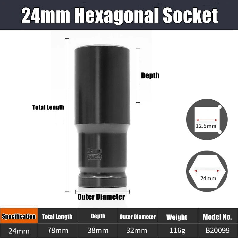 1/2" Drive Deep Impact Socket – Metric Wrench Socket for Pneumatic Tools, Tire Removal & Heavy-Duty Automotive Use