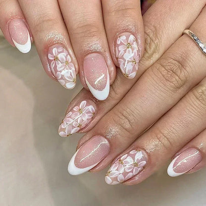 24PCS Pink Almond Press On Nails - Butterfly Ballet French Design Artificial Nail Tips for Stylish Nail Art