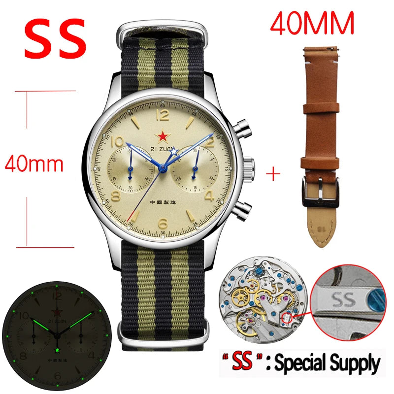 40mm 1963 Pilot Aviation Mechanical Chronograph — Original Seagull ST1901 Movement Men's Sapphire Vintage Watch