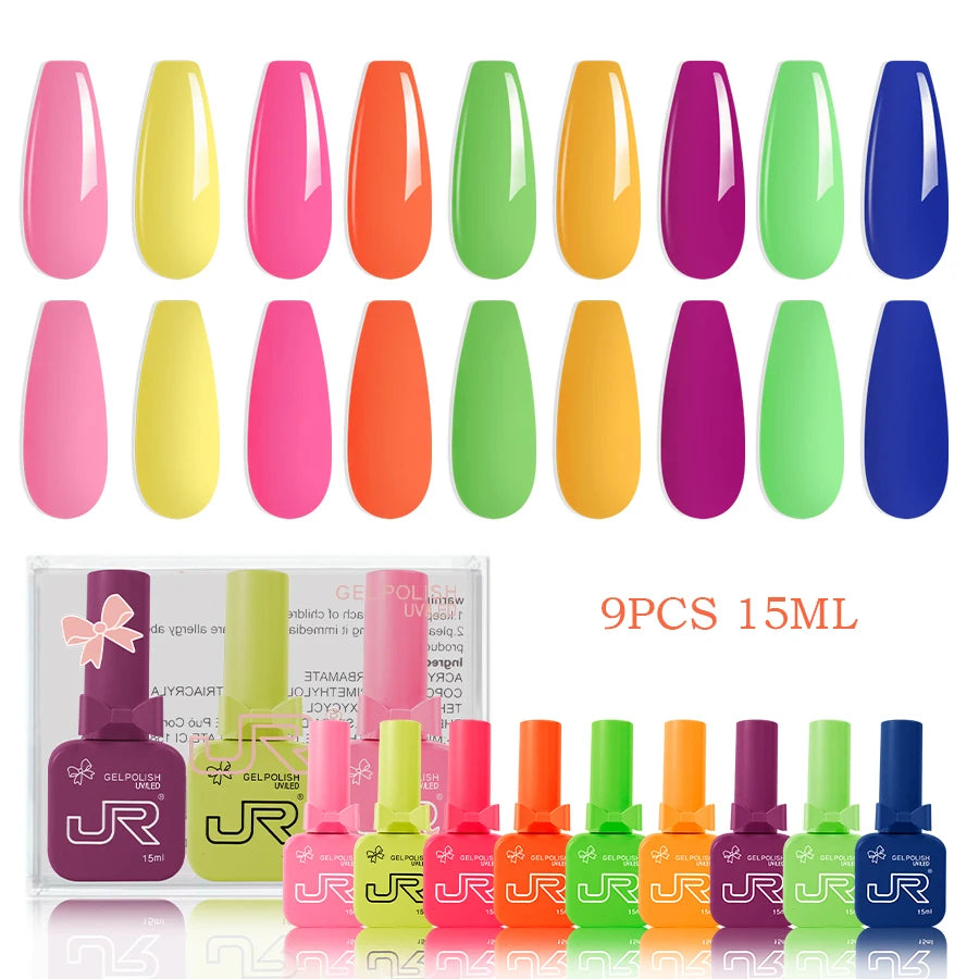 JR 9pcs Gel Nail Polish Set 15ml – Red, Pink, Nude UV LED Soak-Off Kit with Top & Base Coat for DIY Manicure & Gifts
