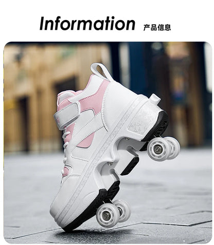 Women's High-Top 4-Wheel Roller Shoes – Fashionable Unisex Pop-Up Sneakers with Wheels, Dual-Purpose Skating & Casual Shoes
