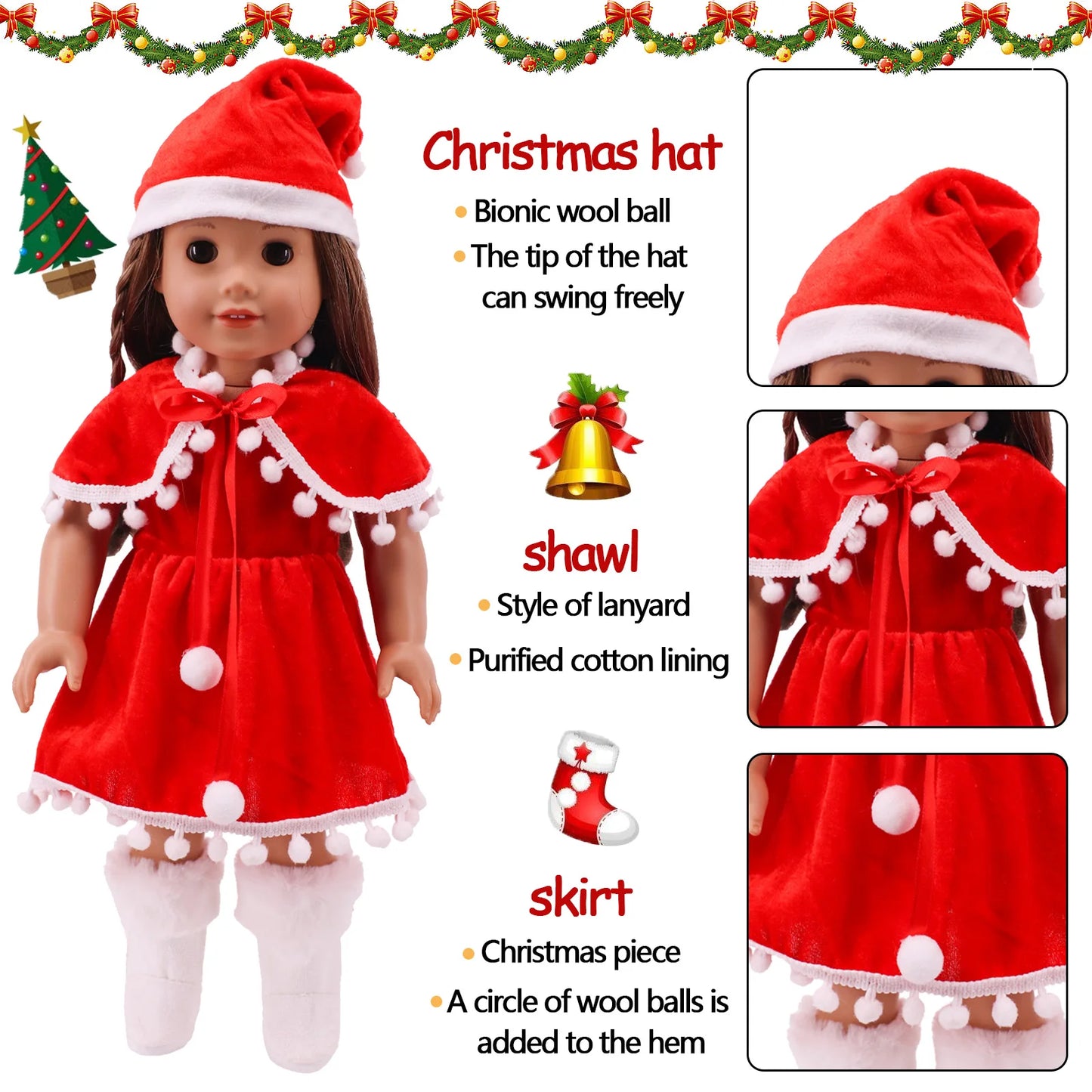 Pop Doll Christmas Outfit — Dress, Top & Pants Set for 18-Inch American and 43CM Reborn Baby Dolls, Our Generation Girl’s Toy Accessories