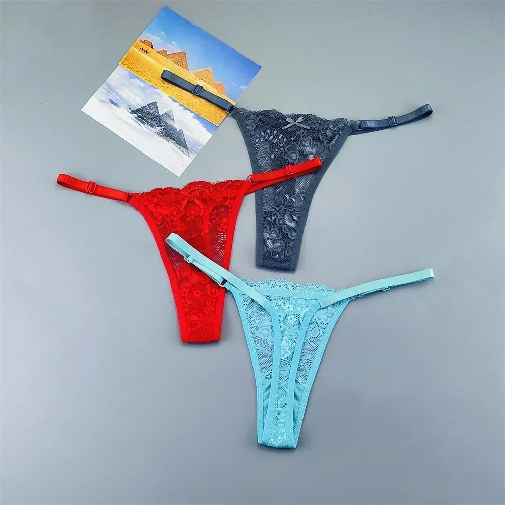 Women's Transparent Lace Thong Set - 3PCS Adjustable Low Waist Sexy T-Back Underwear