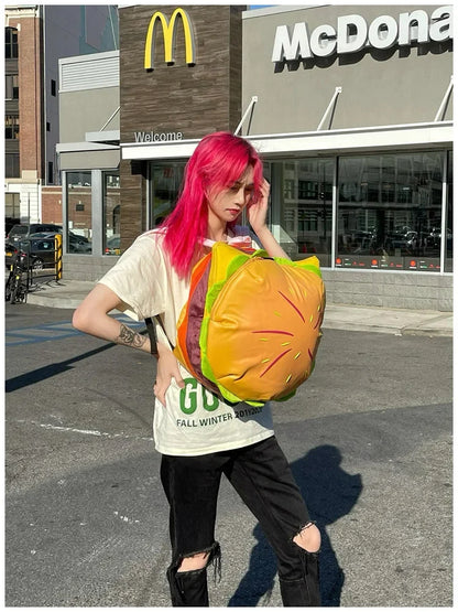 Stylish Hamburger PU Daypack Backpack – Casual Zipper Laptop Bag for Travel, Outdoor, and Unisex Use