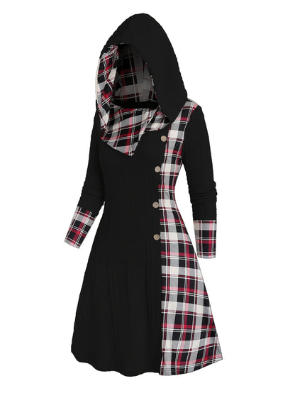 Knitted Hooded Plaid Dress - High Waist A-Line Long Sleeve Dress with Faux Buckle Detail for Women