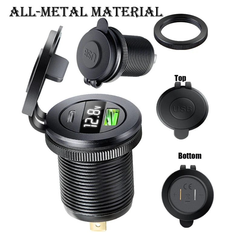 USB Car Charger PD 3.0 Quick Charge Power Socket with LED Voltmeter 12V/24V Waterproof Dual Port for Car Boat Universal Power Outlet