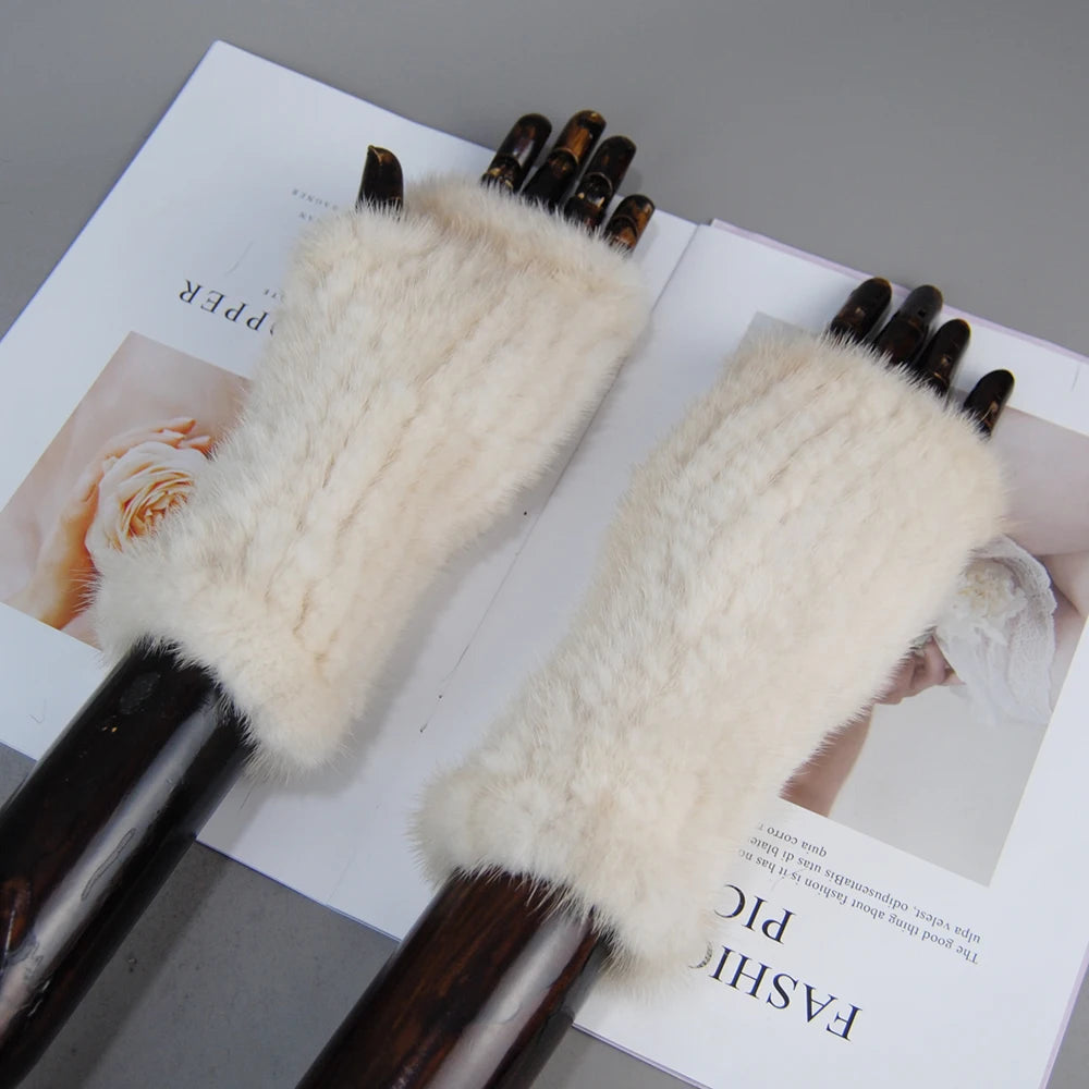 Women’s Winter Mink Fur Gloves – 100% Natural Fingerless Knitted Mittens for Warmth