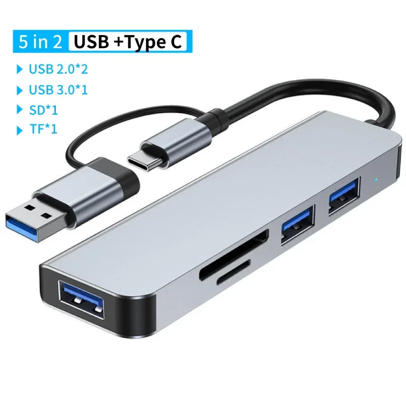 USB 3.0 Type-C Adapter Docking Station – Multi-Hub Splitter with USB 2.0 Port, TF/SD Card Reader, Audio Output for MacBook Pro, Computer