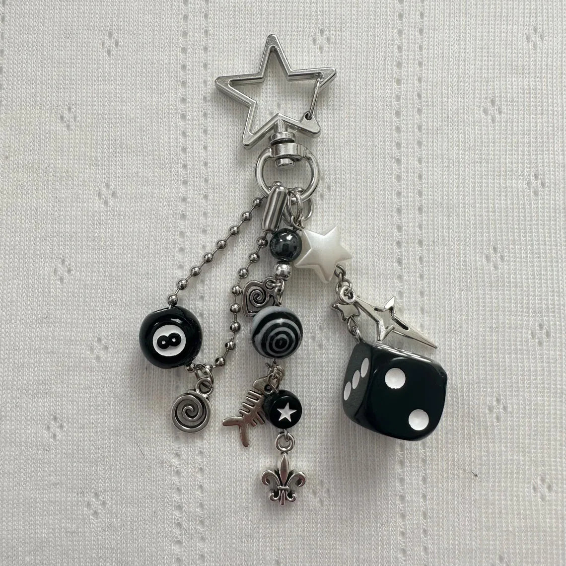 Handmade Rockstar GF Black & White Dice Keychains – Edgy Grunge Y2K Beaded Jewelry, Emo Bag Pendant Accessory