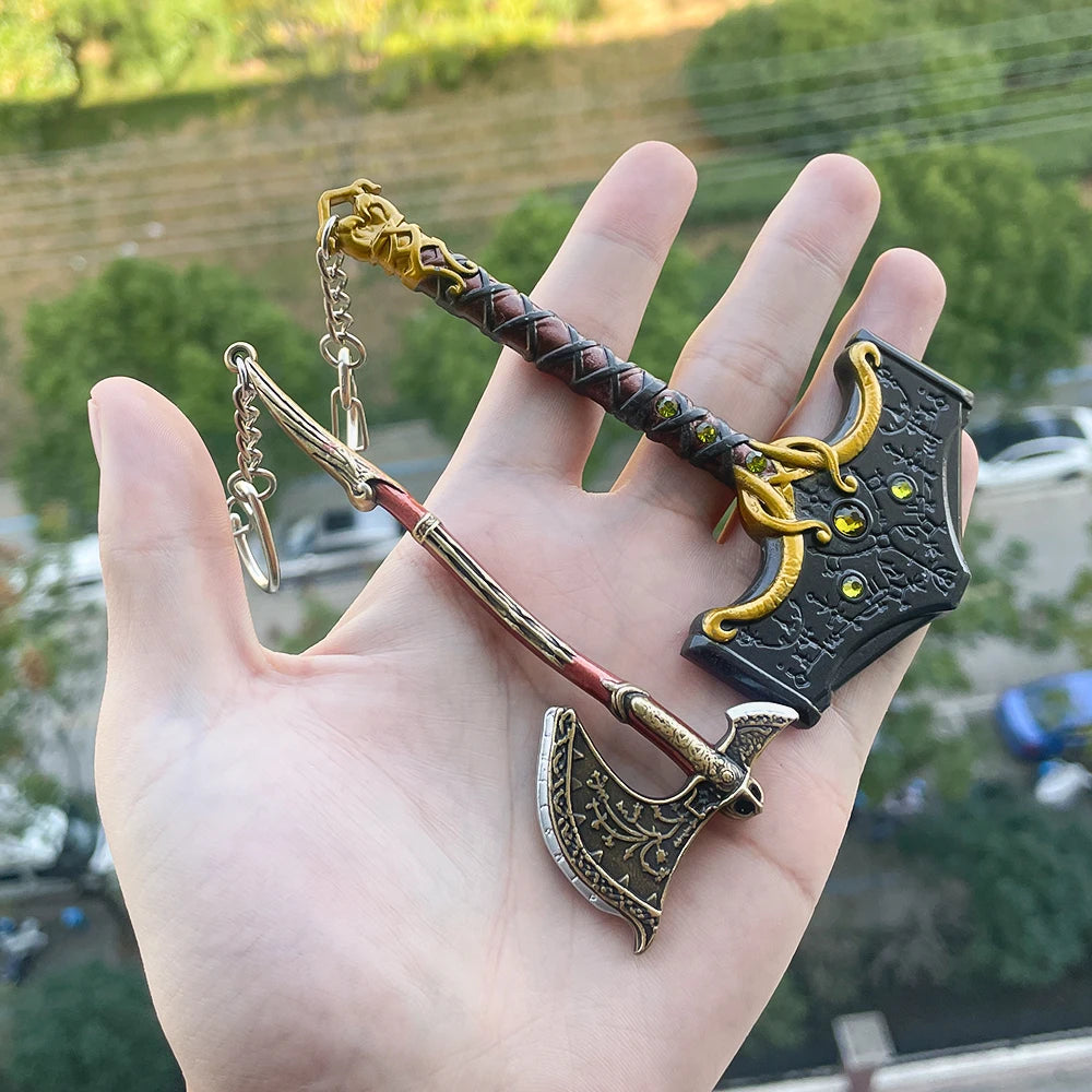 God of War Ragnarok Keychain - Thor Mjolnir Hammer, Leviathan Axe & Blades of Chaos Game Key Ring