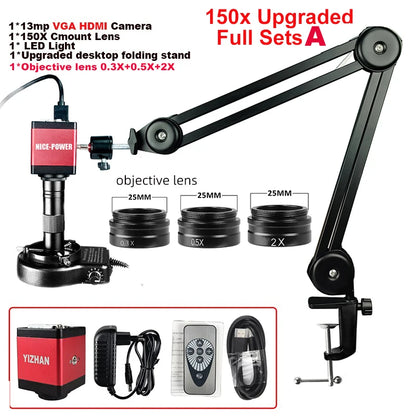 1080P 4K Industrial Microscope – 150X C-Mount Lens with 48MP/13MP Digital Camera, HDMI/USB-C/VGA for PCB Soldering & DIY
