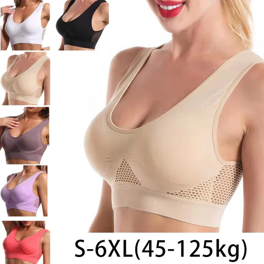 Women's Large Size Sports Bra – Seamless, No Steel Ring, Hollow Mesh Vest with Removable Chest Pad for Running