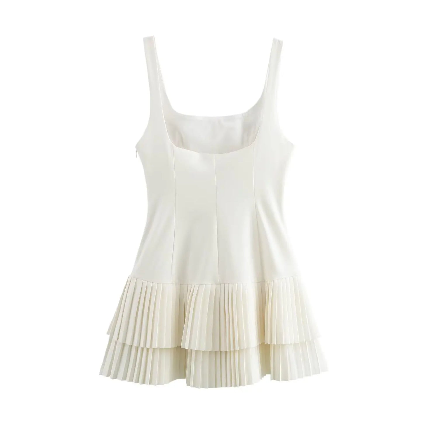TRAFZA Women’s Square Collar Sleeveless Mini Dress – Summer Pleated Solid Color Slim High Street Chic Dress