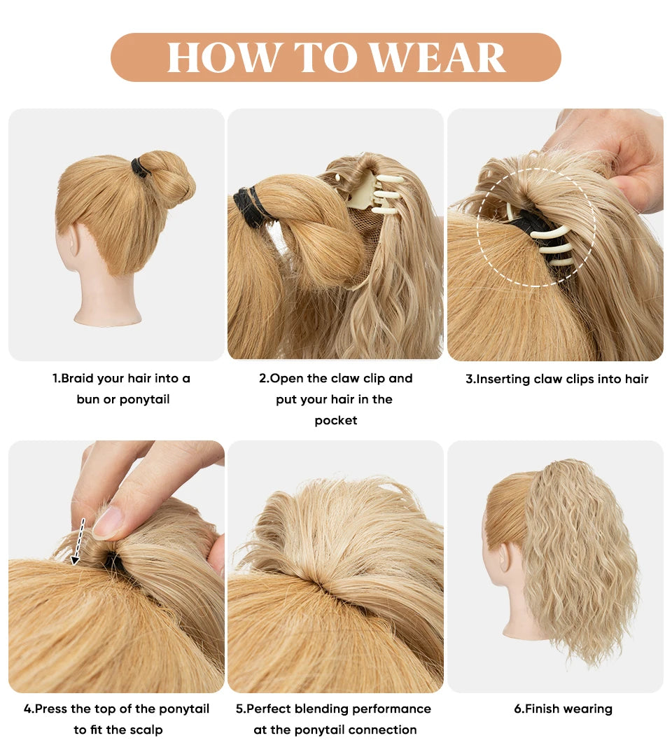 13-Inch Premium Synthetic Curly Claw Clip Ponytail – Blonde Brown Short Hairpiece, Fake Hair Extensions P064