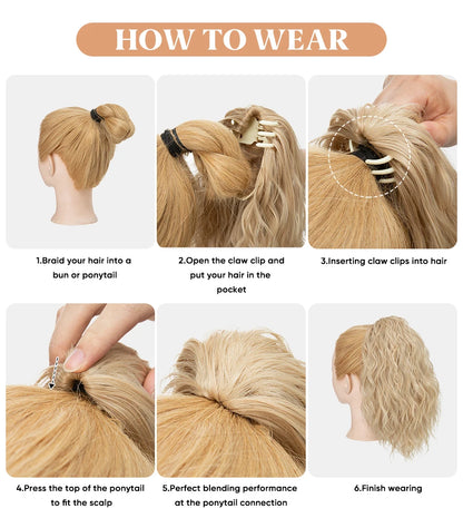 13-Inch Premium Synthetic Curly Claw Clip Ponytail – Blonde Brown Short Hairpiece, Fake Hair Extensions P064