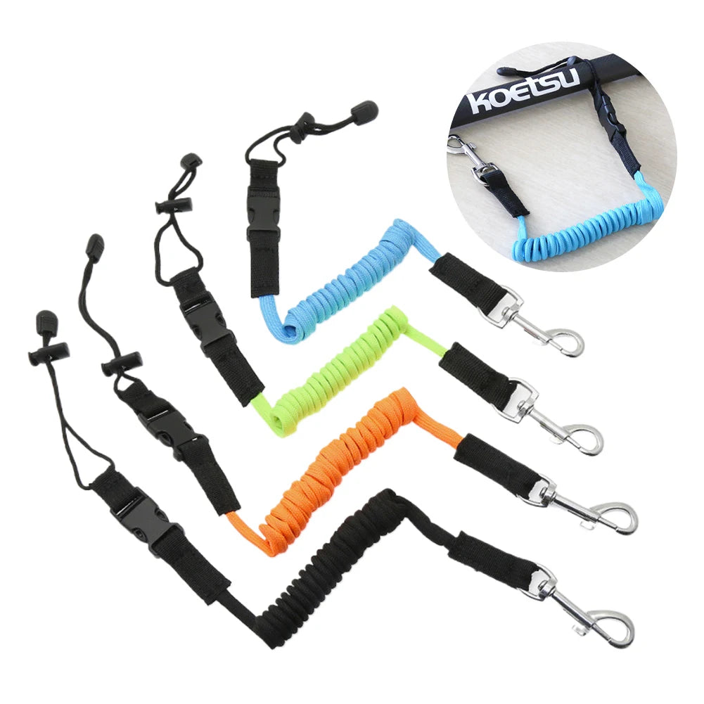 Elastic Kayak Paddle Leash — Adjustable Coiled Lanyard with Safety Hook for Fishing Rods