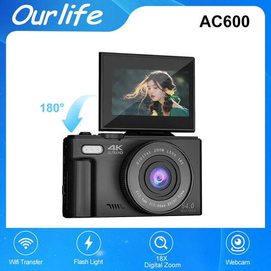 4K Digital Camera with 18X Zoom – Vintage Vlog Camera, 180° Flip Screen, WiFi, YouTube & Webcam Ready