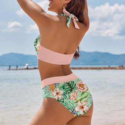 Floral Colour Block High Waist Bikini – Women's Two-Piece Swimsuit Teen Beachwear 2024 Trend