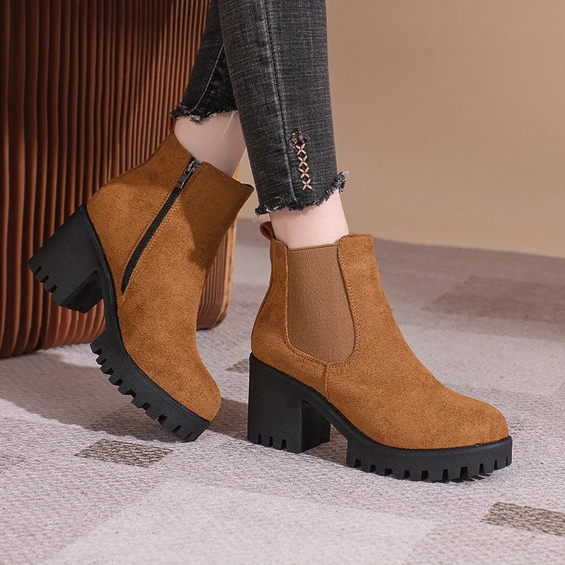Women’s 2024 Designer Platform Ankle Boots – Elegant Round Toe Zipper Short Boots for Autumn Winter