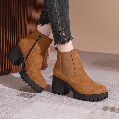 Women’s 2024 Designer Platform Ankle Boots – Elegant Round Toe Zipper Short Boots for Autumn Winter