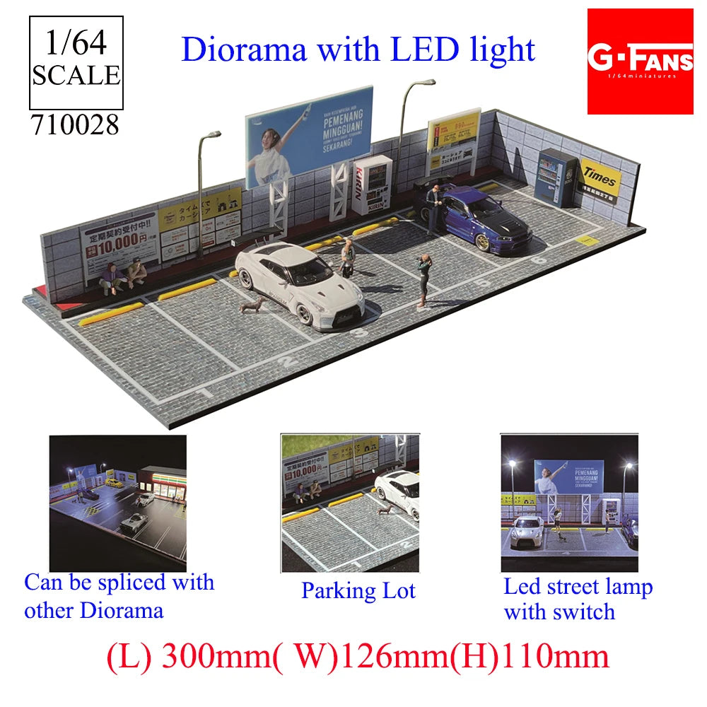 GFans 1:64 Scale Diorama Car Garage Model – LED Lighted Parking Lot DIY City Set for Collection & Display Gifts
