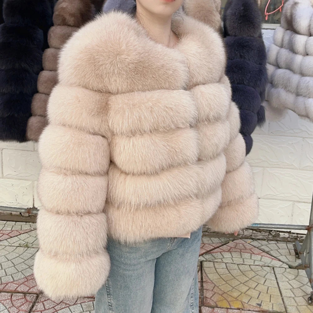 QUEENTINA Women’s Real Fox Fur Coat – Brown Leather & Skin Winter Fashion Outerwear 2025