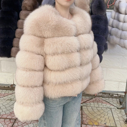 QUEENTINA Women’s Real Fox Fur Coat – Brown Leather & Skin Winter Fashion Outerwear 2025