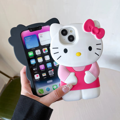 Hello Kitty Cartoon Silicon Back Phone Case for iPhone 15, 14 Plus, 13 Pro Max, 12 Mini, 11, X, XS Max, XR, 7, 8, SE – Color Bowknot Soft Cover
