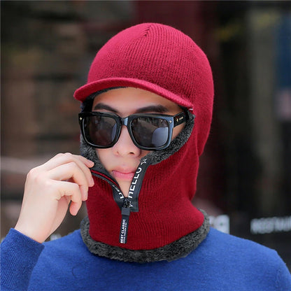 New Men's Winter Wool Hat with Ear Protection - Warm Thick Knitted Cap with Scarf and Windproof Visor for Outdoor Activities