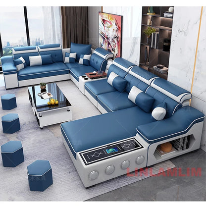 Linlamlim Modern Sectional Sofa Set - Fabric Chaise Lounge with Bluetooth Speakers & USB Charging Ports for Living Room