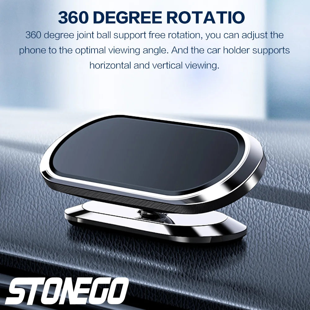 STONEGO 360° Rotating Metal Magnetic Phone Holder – Zinc Alloy Car Mount for Cellphones