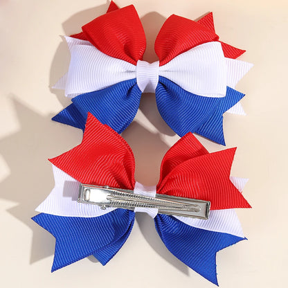 2pcs USA Flag Bow Hair Clips - Red White Blue Patriotic Ribbon Barrettes for 4th of July Party Accessories