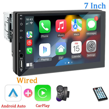 1DIN 7" HD Car Radio – CarPlay Android Auto Multimedia Player with Touchscreen, FM, AUX, Bluetooth & MirrorLink Universal Autoradio