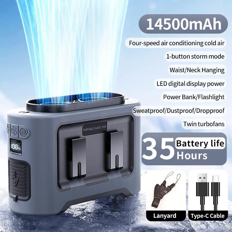 Socoolfan 14500mAh Portable Waist & Neck Fan – Dual Air Vent Strong Cooling Fan for Outdoor Work, Travel & Sports
