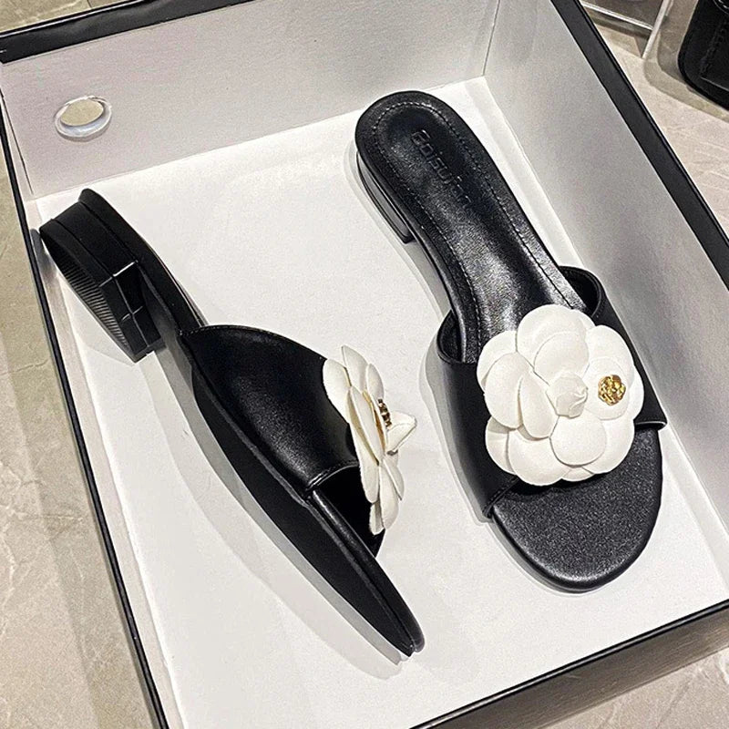Luxury Women’s Flower Slippers — Camellia Open-Toe Slides for Home & Outdoor, Ladies Flip Flop Sandals